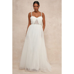Lulus Glittering Romance White Rhinestone Tulle Bustier Maxi Dress - Size L